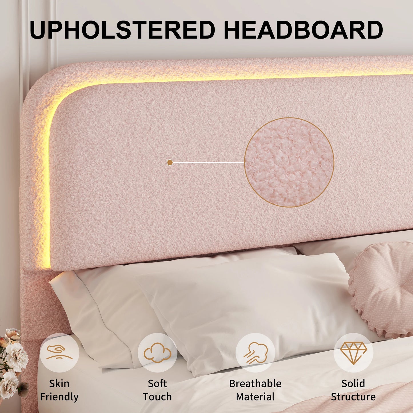 SIBEDSCN LED Bed Frame With Storage Drawers Velvet Upholstery Rounded Headboard