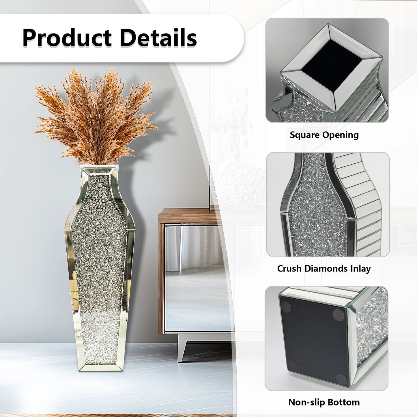 Crushed Diamond Floor Vase Crystal Silver Glass Mirrored Home Decor