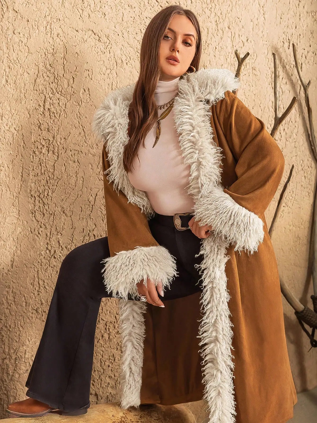 Bohemian Brown Fuzzy Winter Jacket with White Fur Trim for Plus Size Women