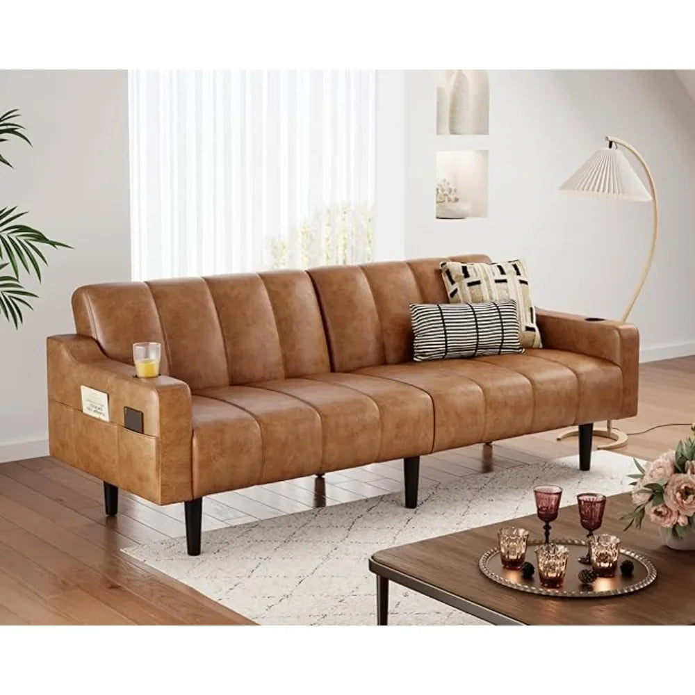 HUANZHUANG Faux Leather Sofa Bed With Adjustable Backrest