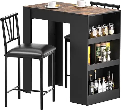 Retro Bar Table and Chairs Set for Two with HighCapacityIntegratedShelvesAndStorage