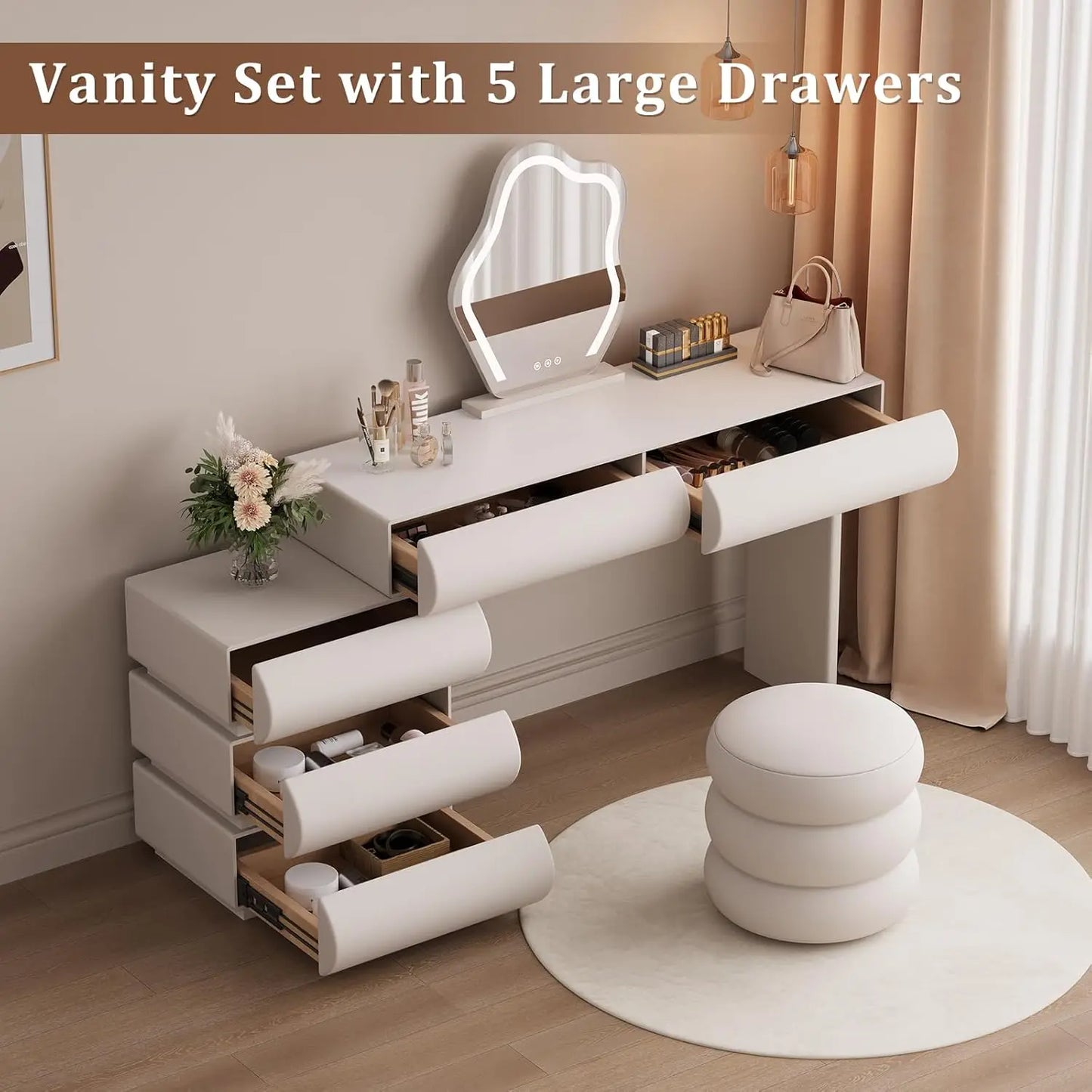 Makeup Vanity Desk with Mirror and Lights, Modern Vanity Table with 5 Drawers, LED Touch Sensor Mirror,