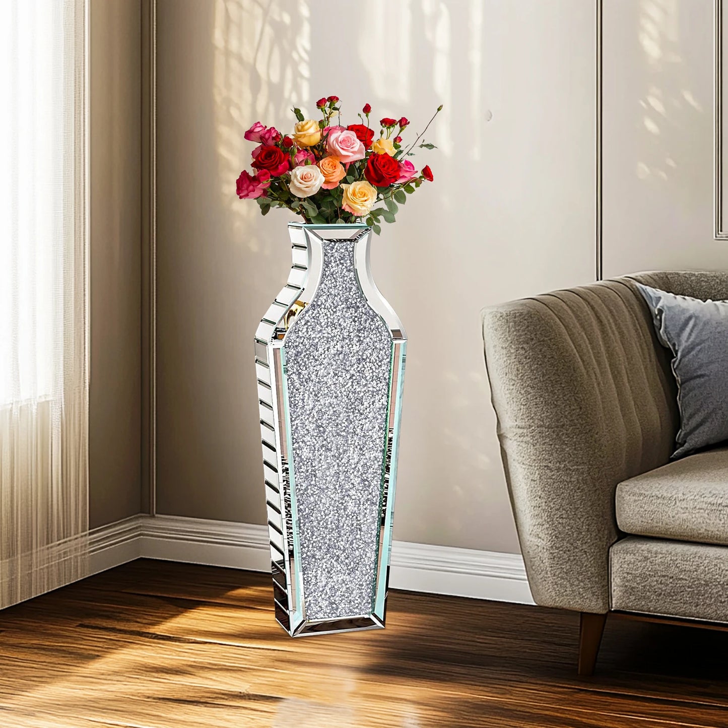 Crushed Diamond Floor Vase Crystal Silver Glass Mirrored Home Decor