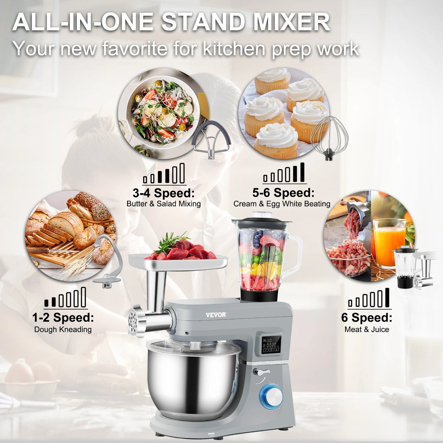 SucceBuy 5 IN 1 Stand Mixer Tilt-Head Multifunctional Electric w/ 6 Speeds LCD Screen Timing 7.4 Qt Stainless Bowl Dough Hook