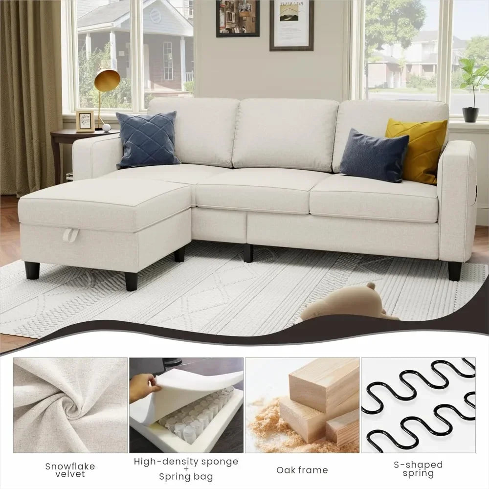 L-Shaped Sectional Sofa Pet-Friendly Linen Modular 3-Seater
