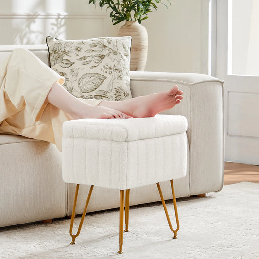 JHK Faux Fur Hidden Storage Stool Ottoman With 4 Metal Legs And Anti Slip Feet Padded For Home Use