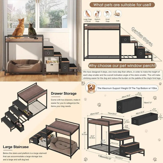 Dual Level Pet Bunk Bed With Detachable Stairs And Storage
