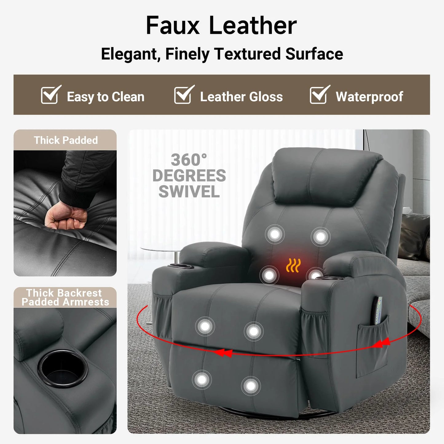 KORSER Recliner Chair With Massage And Heat 360 Degree Swivel Rocker With Remote Control Cup Holder For Living Room
