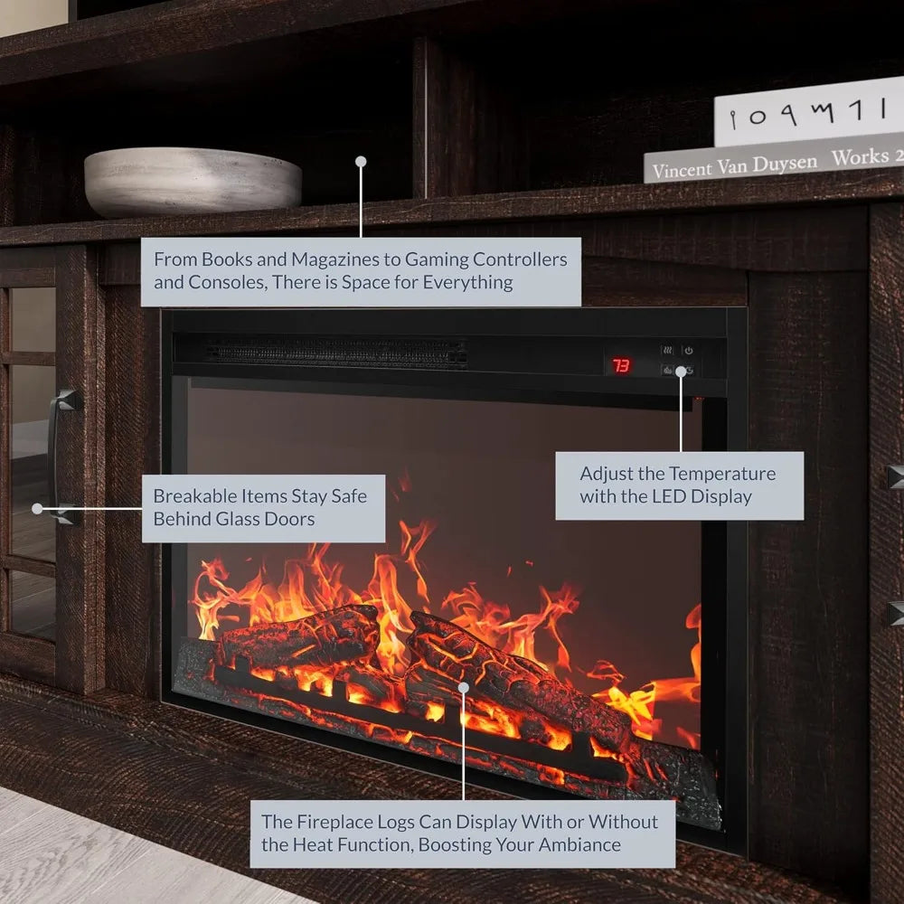 Traditional Rustic TV Stand With Electric Fireplace Heater And Sound