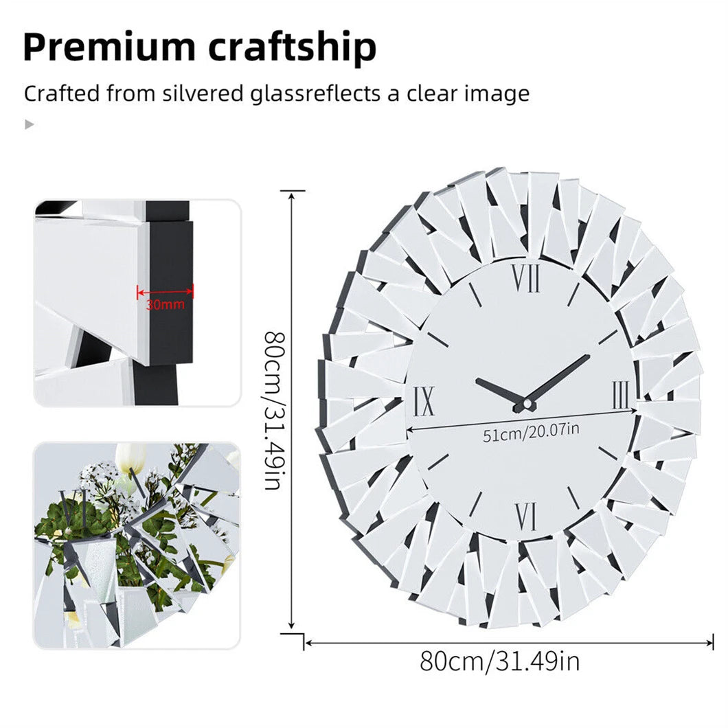 Wall Clock 3D Mirrored Sunburst Edge Roman Numeral UltracontemporaryExquisite Decor