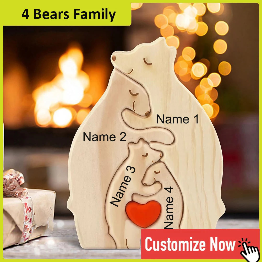 NONED Personalized Bear Family Wooden Puzzle With Free Engraving