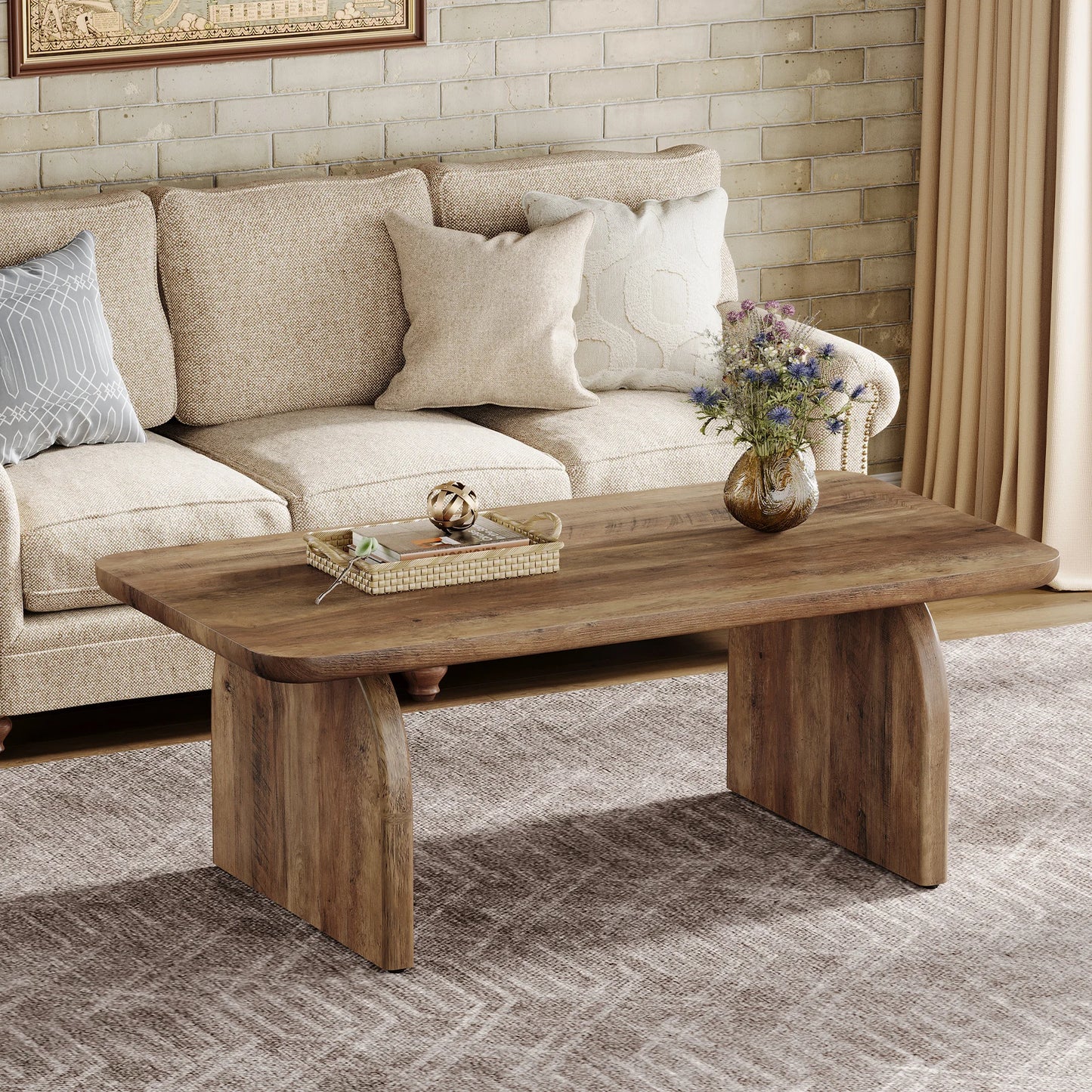 Tribesigns Farmhouse Rectangular Coffee Table Engineered Wood Center Cocktail Table With Sturdy Base