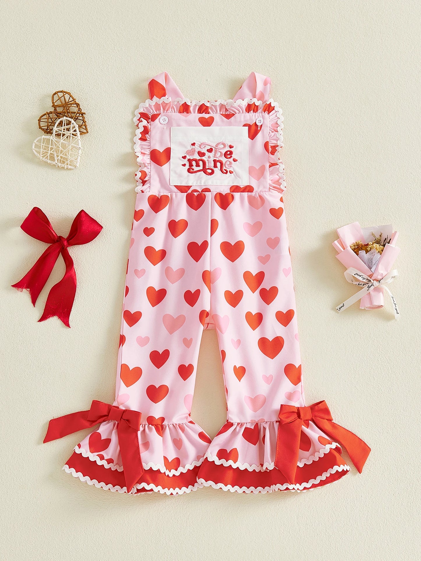 Girls Bowknot Flare Pants With Heart Print For Valentine Day Casual Daily Wear Outfit