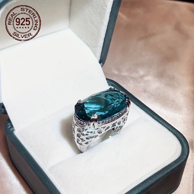 WPOOCC Lab Sapphire Zircon Ring 925 Sterling Silver Hollow Oval