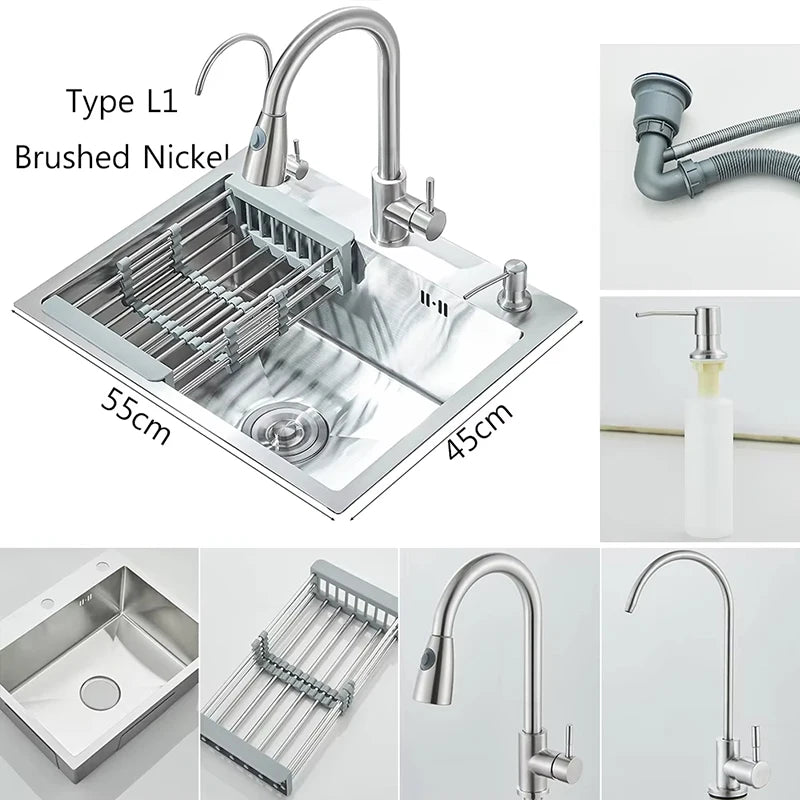 Stainless Steel Kitchen Sink with Faucet Drinking Water Tap/Soap Dispenser 55x45cm Sink Kit with Drain Set/ Basket