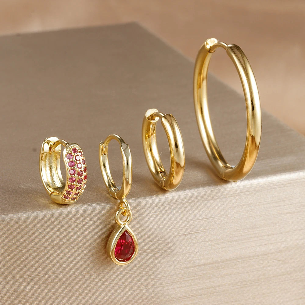 4PCS Rose Red Zircon Stainless Steel Hoop Earrings Set for Women Pendant Water Drop Earring Piercing Jewelry Gift