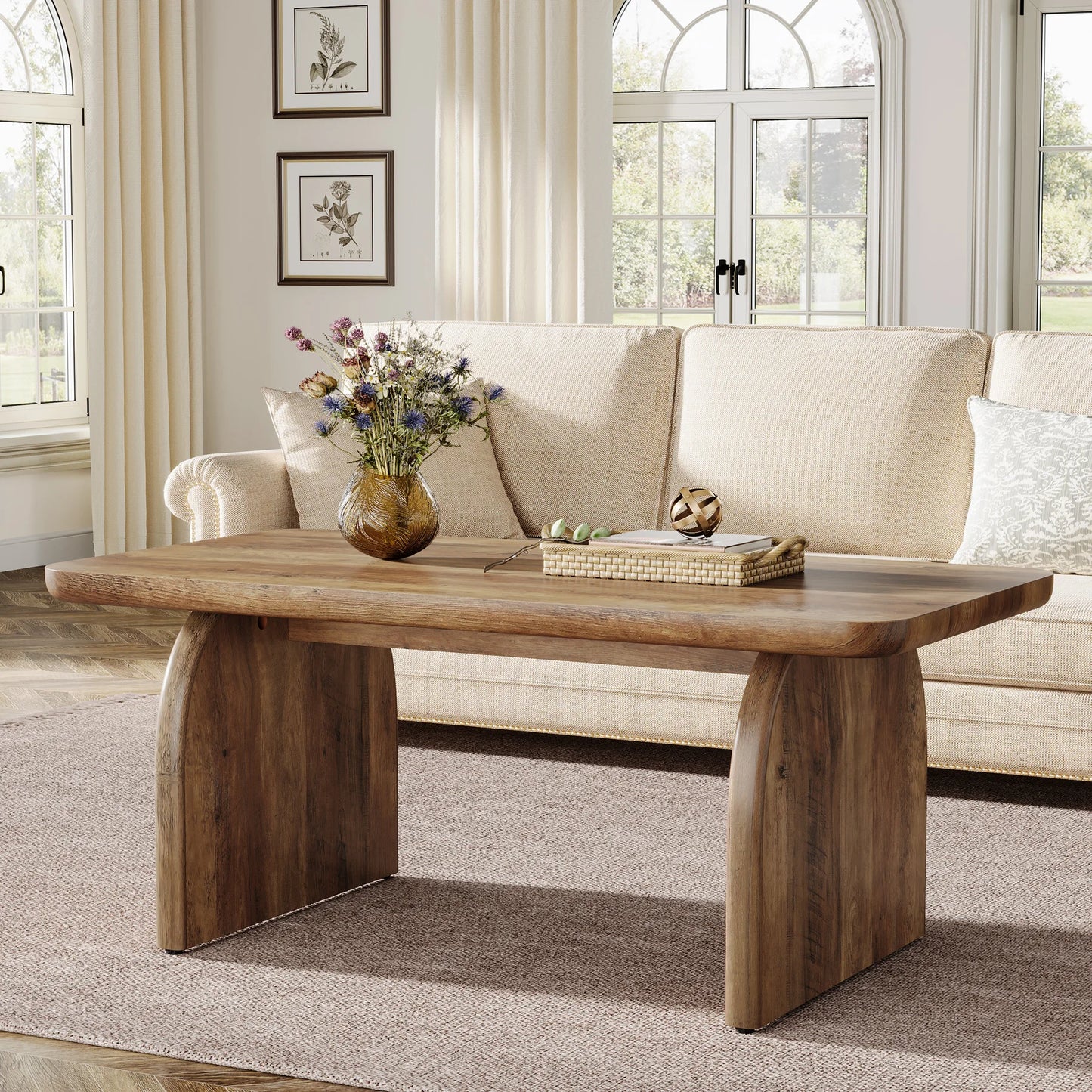 Tribesigns Farmhouse Rectangular Coffee Table Engineered Wood Center Cocktail Table With Sturdy Base