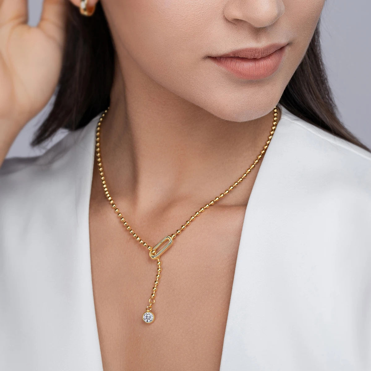 JIUZUAN ExquisitelyElegant MoissaniteGemstone Y Shape StatementNecklace S925 Silver 18K Gold