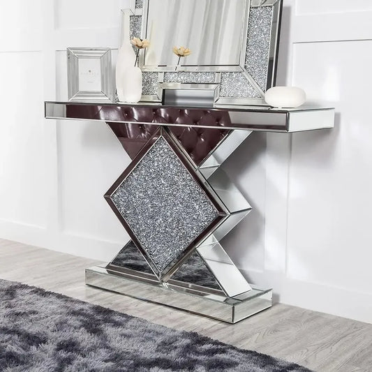 SHYFOY CrystalAccented Mirrored Console Table Diamond Shaped Narrow Sofa LuxuriouslyCrafted