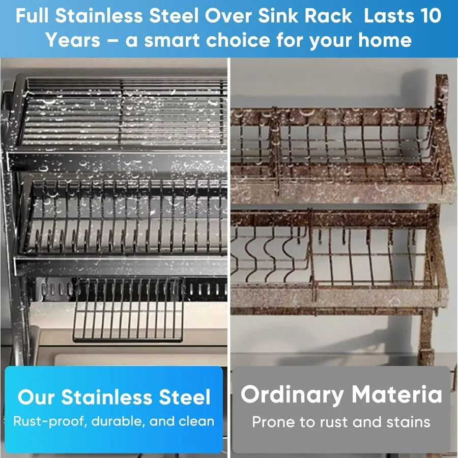Large Over The Sink Dish Drainer Drying Rack，2 Tier Large Capacity Stainless Steel Dish Drying Rack Over Sink, Multifunctional K