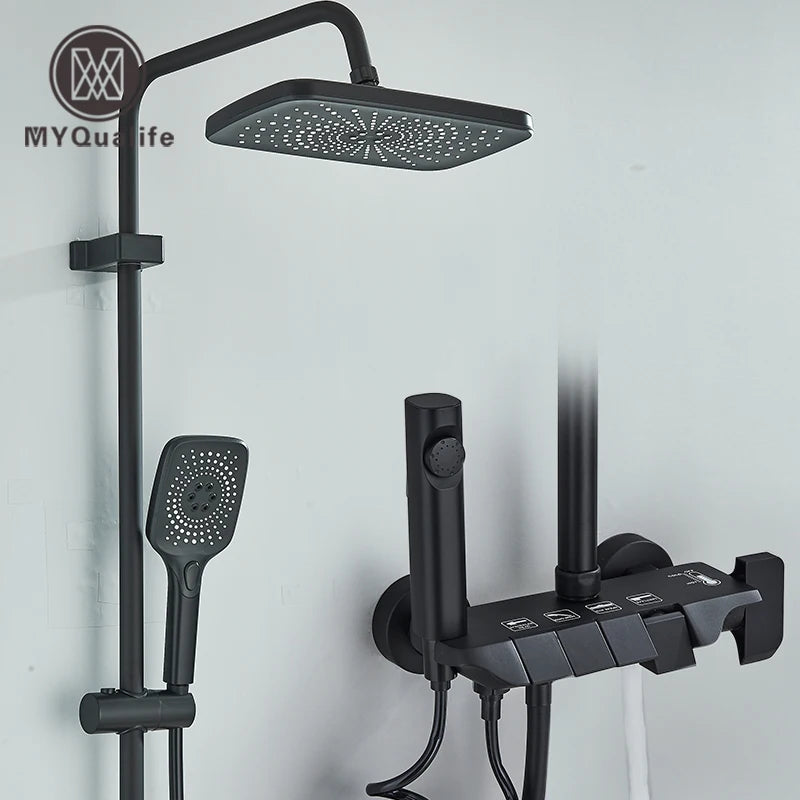 MYQualife Brass Shower System Set With Rainfall Head Wall Mounted Hot Cold Water
