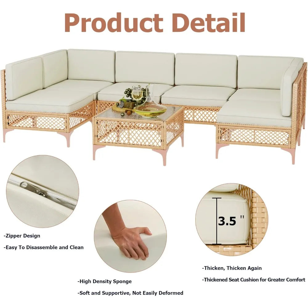 Outdoor Patio Furniture Set Wicker Sectional Sofa Boho Conversation With Tempered Glass Table