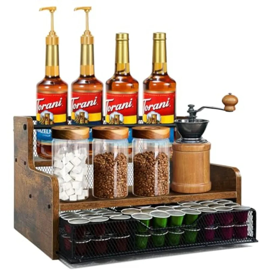 Coffee Syrup Organizer 3Tier 12 Bottles Coffee Syrup Rack with 36 K Cup Storage Basket for Coffee Bar Organizer Wine Office Kit
