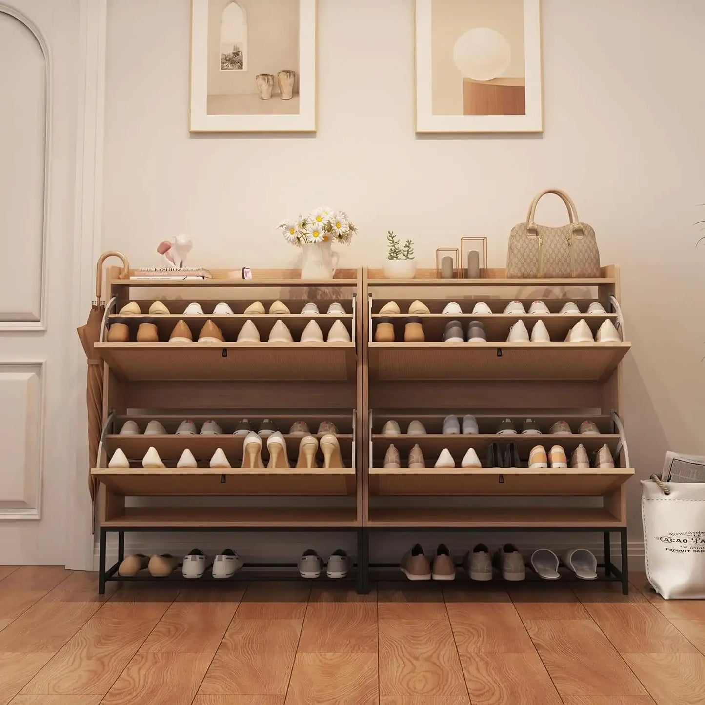 Freestanding Shoe Cabinet With Two Flip Drawers For Hallway