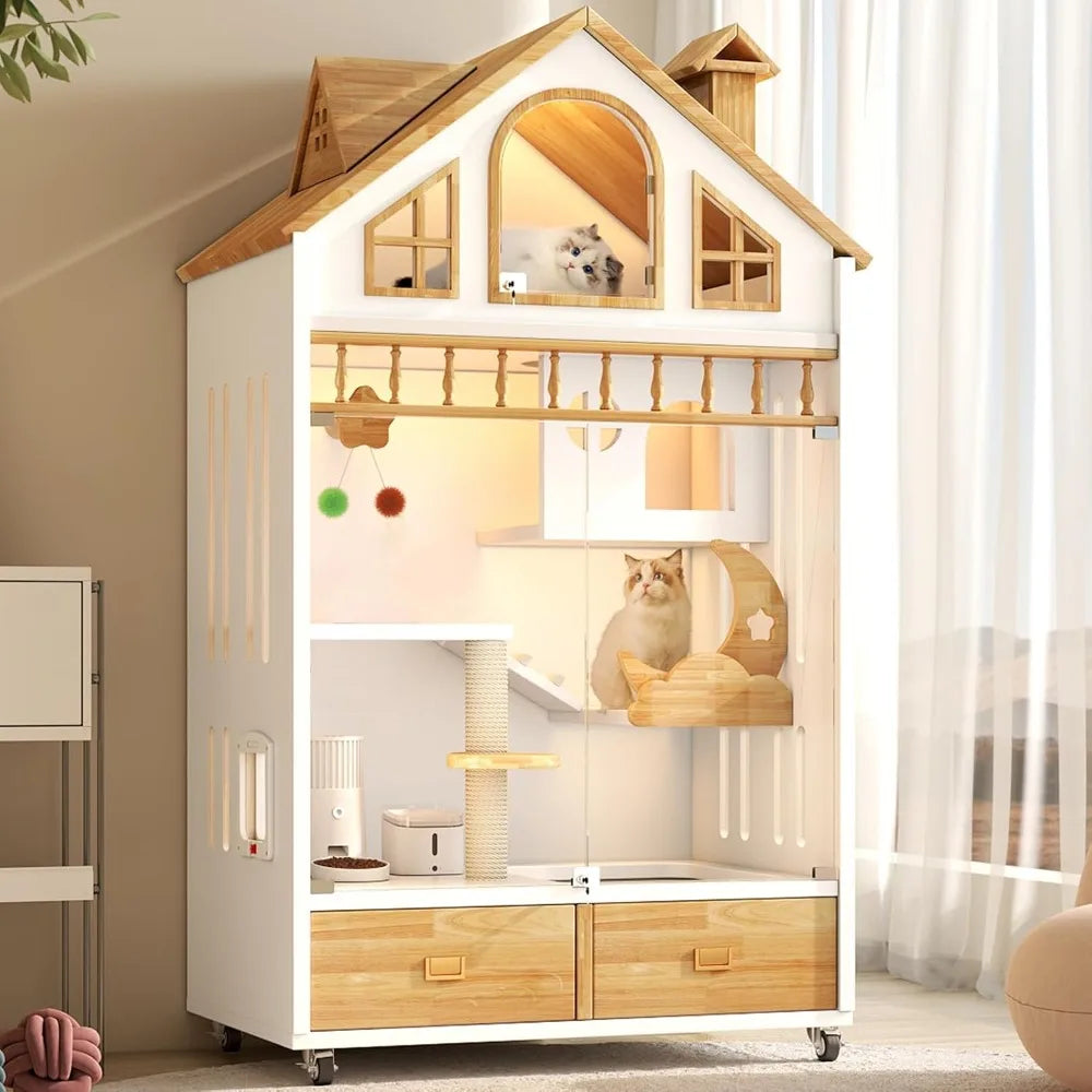 Wooden Enclosed Cat Condo On Wheels With Litter Box