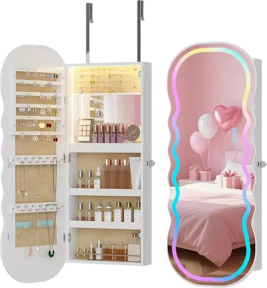 RGB Lighted Mirror Jewelry Cabinet Wall Or Door Mount Storage