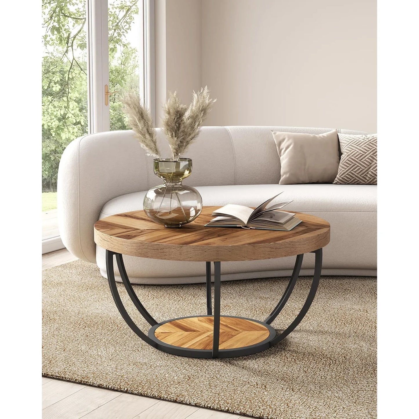 LITTLE TREE Round Coffee Table 2-Tier Open Storage For Living Room Modern Home Furniture