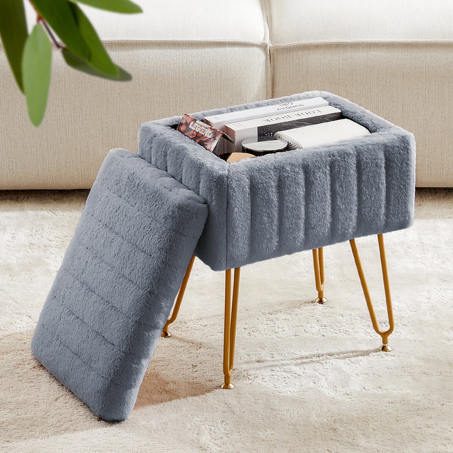 JHK Faux Fur Hidden Storage Stool Ottoman With 4 Metal Legs And Anti Slip Feet Padded For Home Use