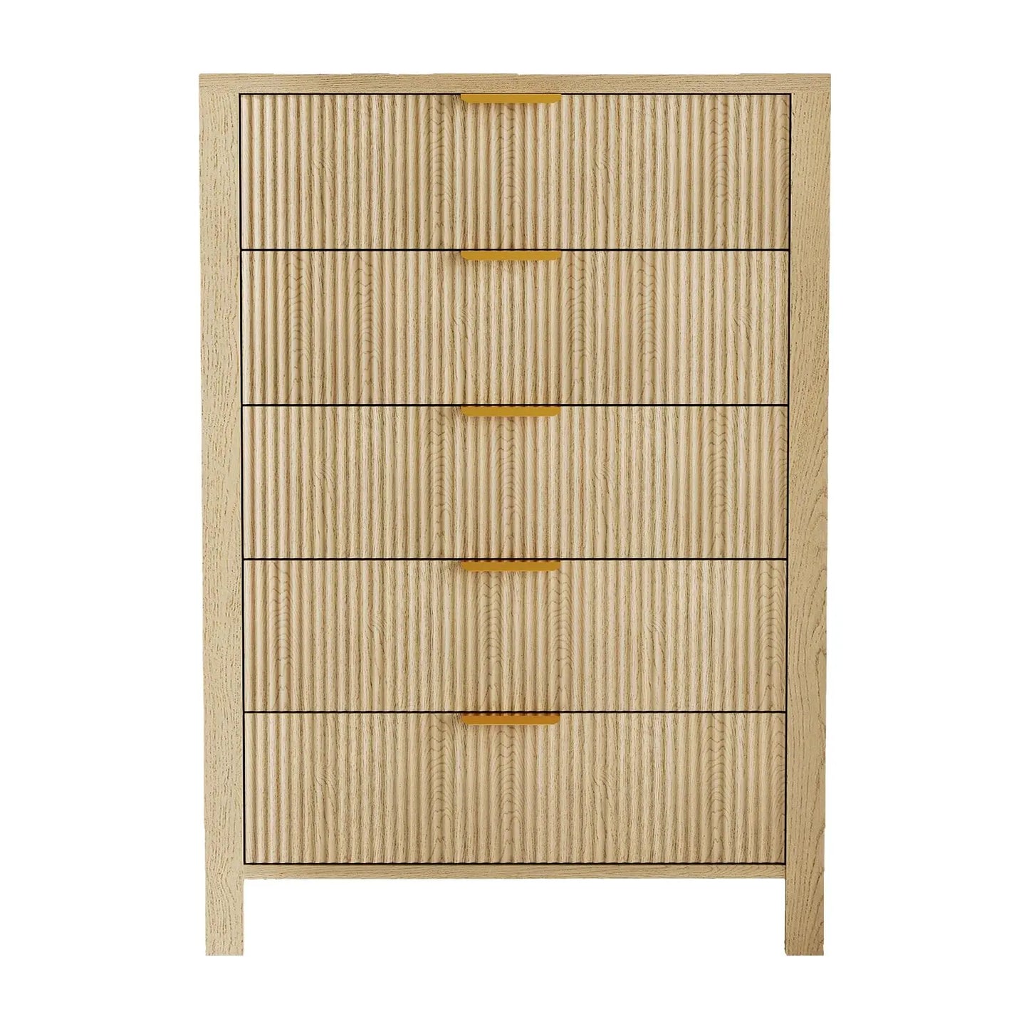 5-Drawer Tall Oak Dresser With Gold Handles, Modern Wood Storage Cabinet Organizer For Bedroom, Living Room, Hallway & Entryway