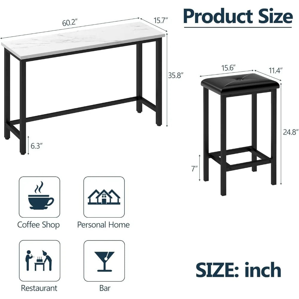 Bar Table and Chairs Set With PU Stools Faux Marble