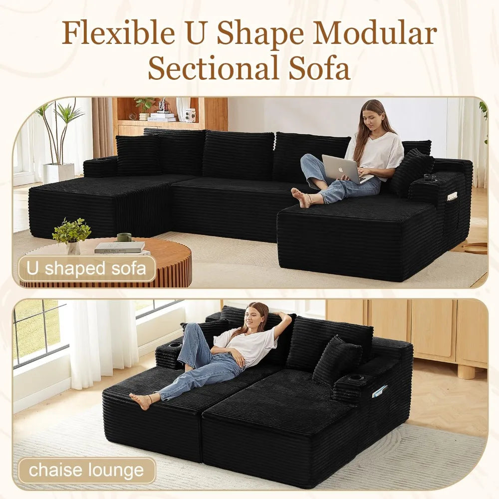 Modular Sectional Sleeper Sofa U Shaped Five Seat With Two Storage Pockets For Living Room