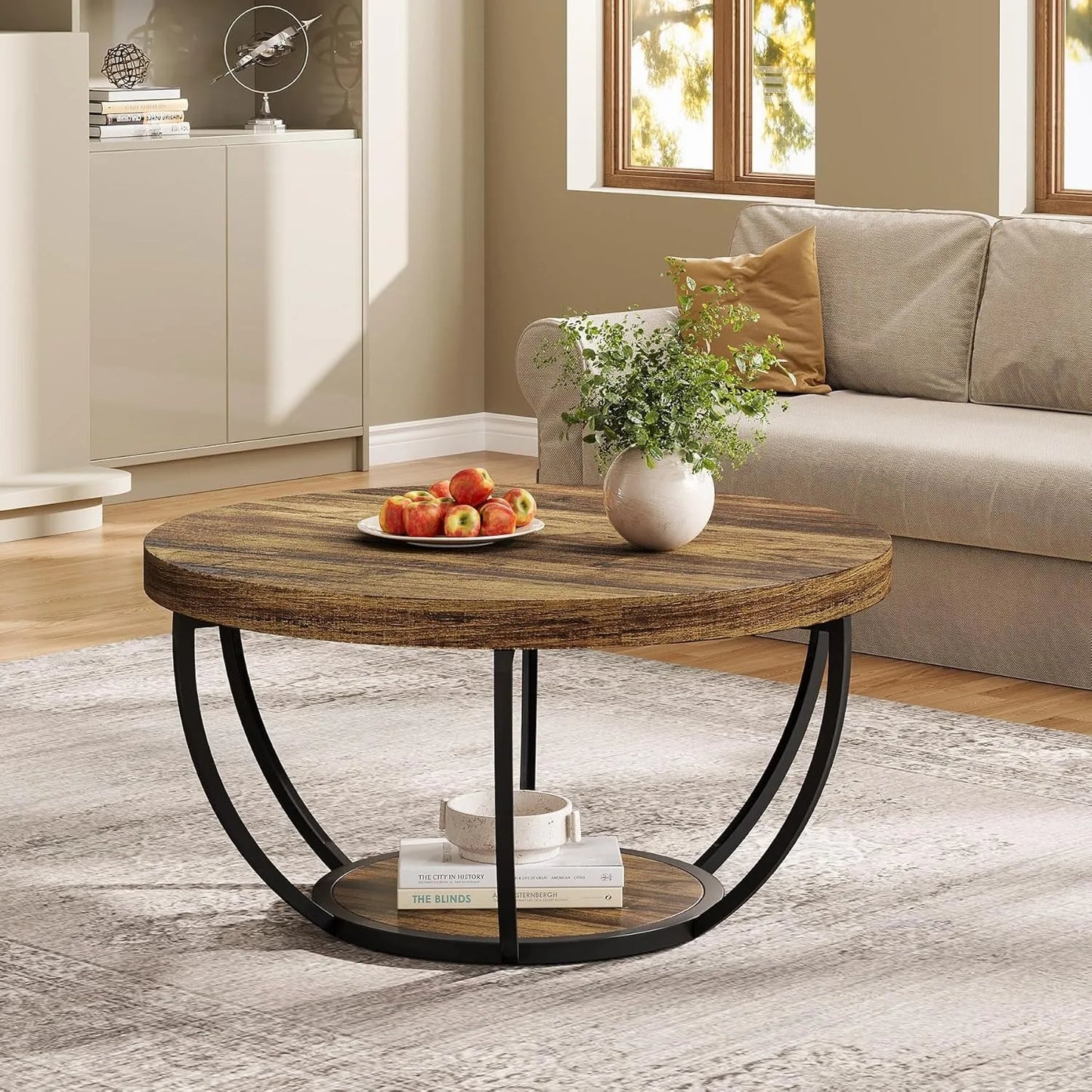 LITTLE TREE Round Coffee Table 2-Tier Open Storage For Living Room Modern Home Furniture