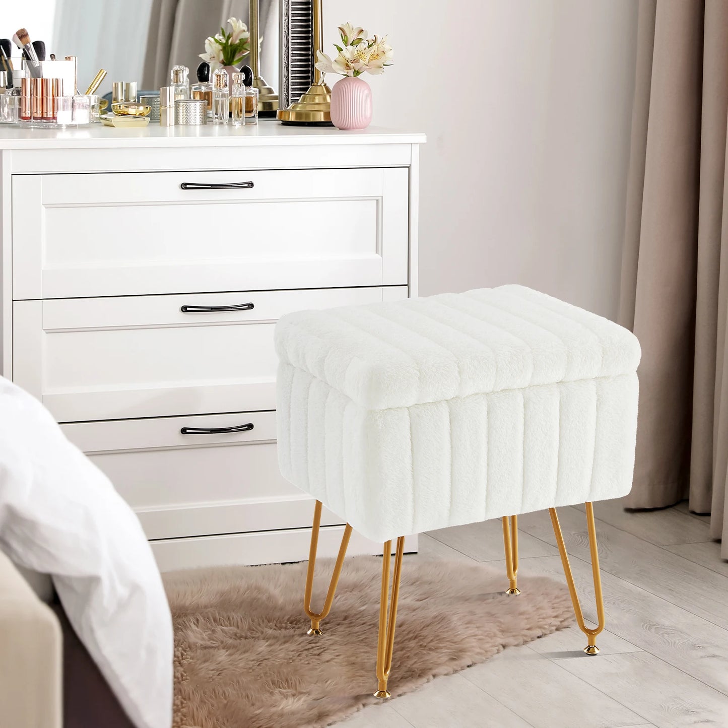 JHK Faux Fur Hidden Storage Stool Ottoman With 4 Metal Legs And Anti Slip Feet Padded For Home Use