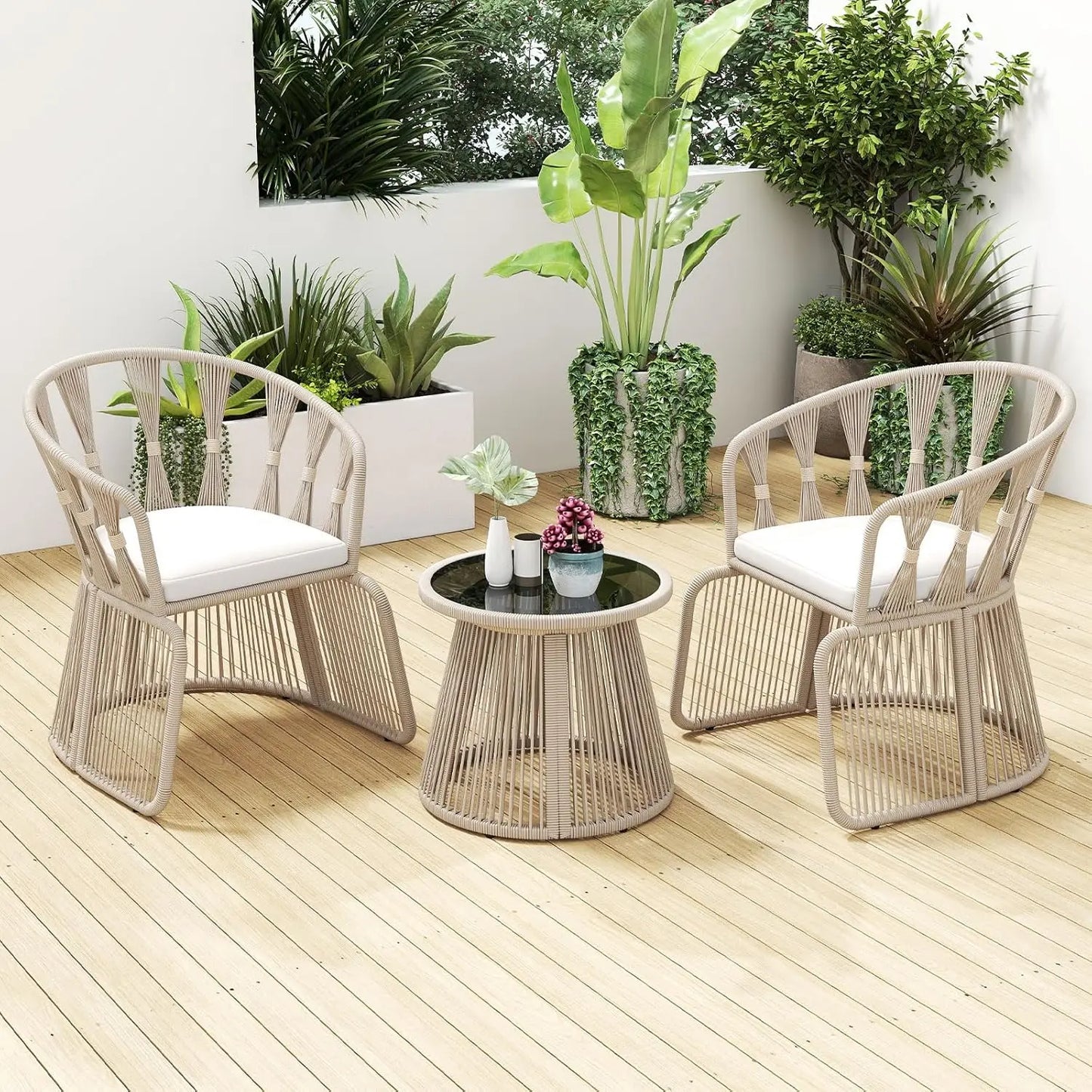 Outdoor 3 Piece Patio Chair Set With Rope Woven Cushions