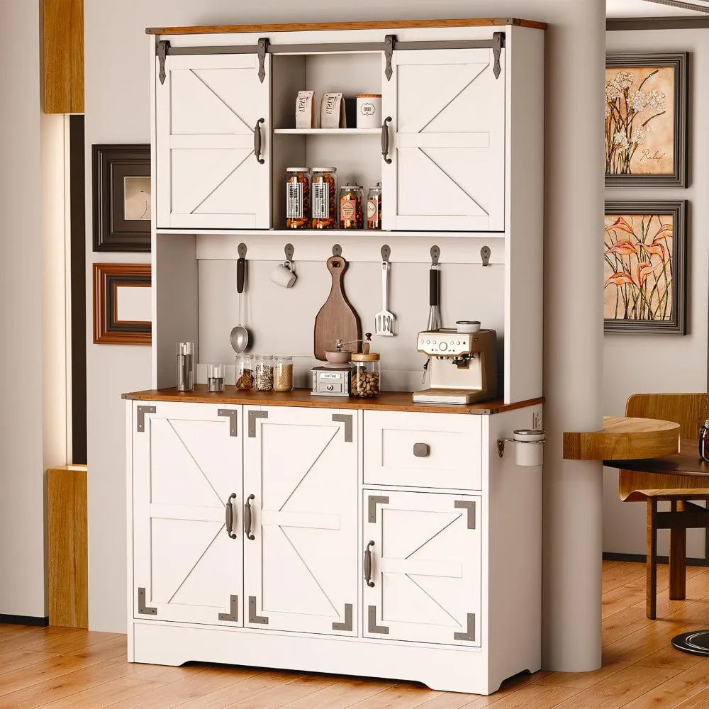 Pantry Cabinet With Charging Station And Microwave Stand Farmhouse Hutch