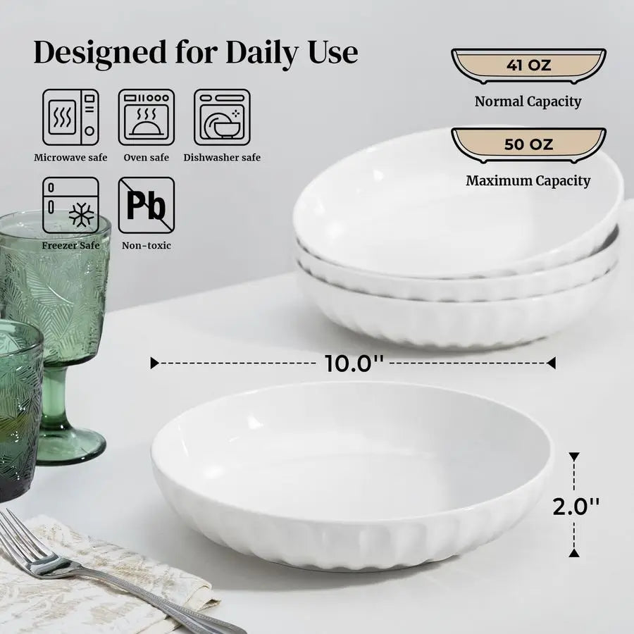 Pasta Bowls, 10 Large Salad Serving Bowls 51 OZ White Ceramic Soup Bowls Set of 4 Wide and Shallow Plate Bowl Serving Dish for S