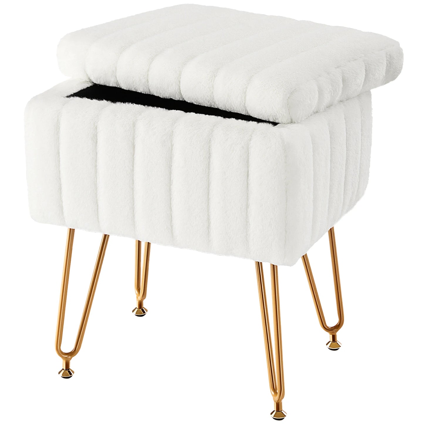 JHK Faux Fur Hidden Storage Stool Ottoman With 4 Metal Legs And Anti Slip Feet Padded For Home Use
