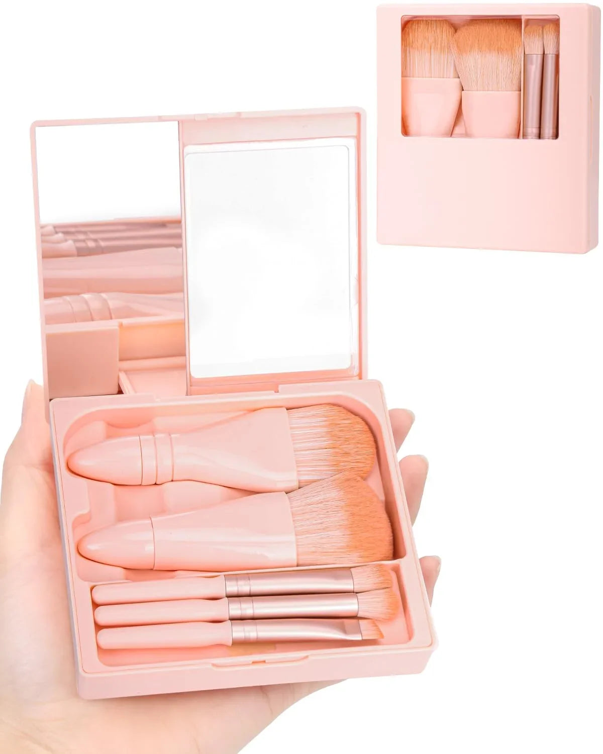 5Pc Mini Makeup Brush Set With Mirror For Travel Case