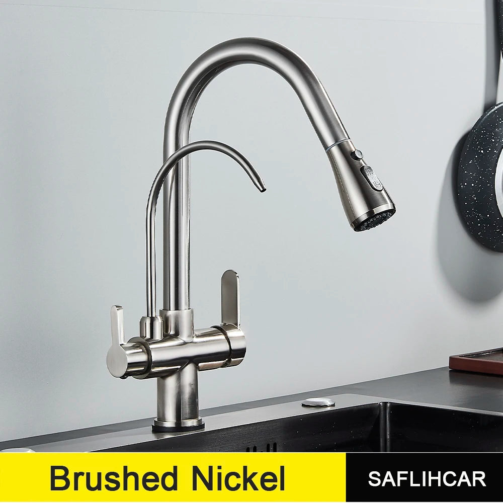 SAFLIHCAR Pull Out Dual Water Modes Kitchen Faucet With Cold And Hot Water Purification Deck Mounted Brass