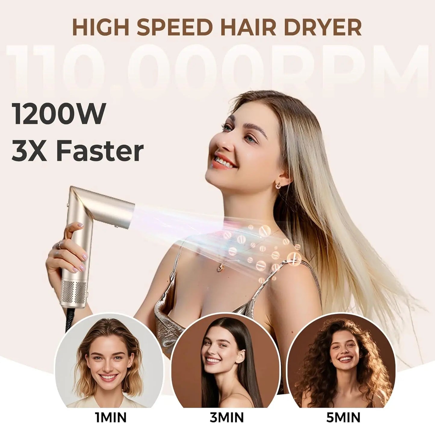 Foldable 8-in-1 Hair Dryer Brush Set with Diffuser and Auto-Wrap Curler for Fast Drying, Curling, Straightening