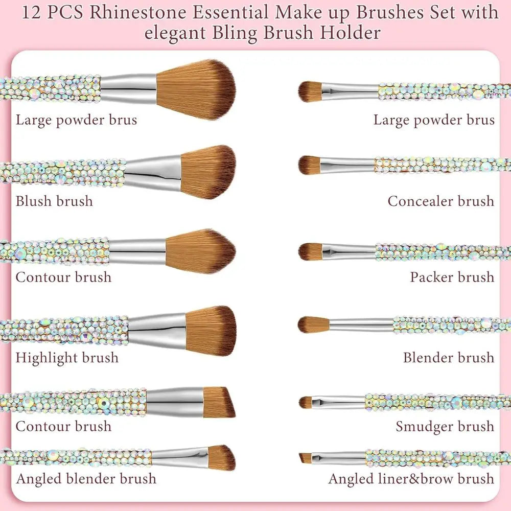 13 Pcs Rhinestone Silver Makeup Brushes Set Bling Crystal Blending Liquid Powder Concealer Eye Makeup Beauty Tool Glitter with H