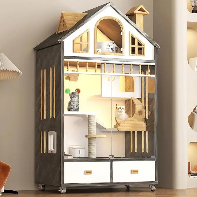 Wooden Enclosed Cat Condo On Wheels With Litter Box