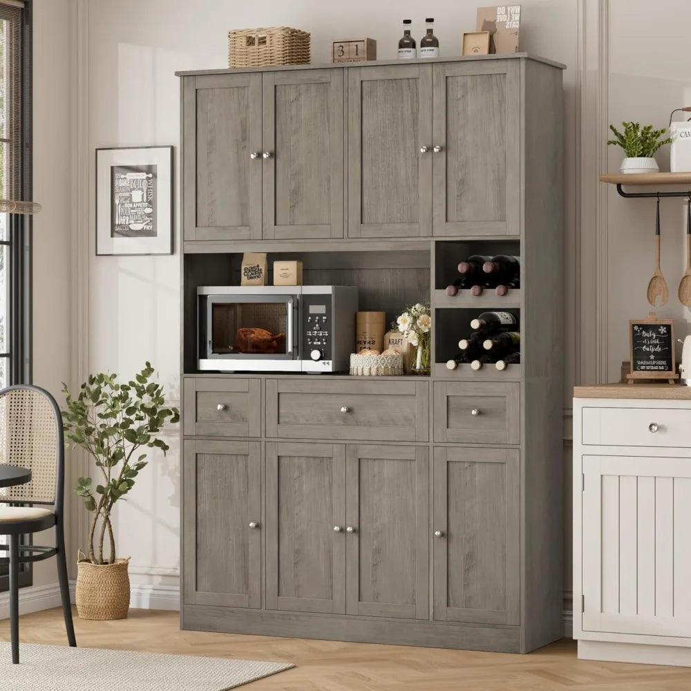 72" Tall Kitchen Pantry Storage Cabinet with Wine Rack, Large Pantry Cabinet with Microwave Stand, Modern Kitchen Hutch for Dini