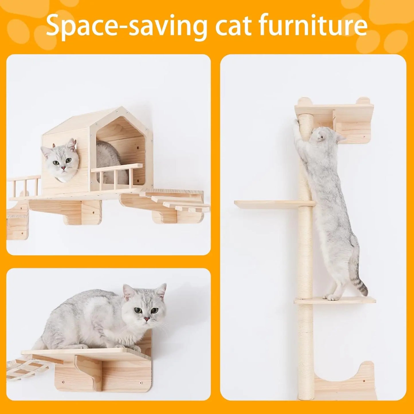 Wall-Mounted Cat Shelves Set with House, Bridge Ladder, Scratching Posts and Steps for Indoor Play