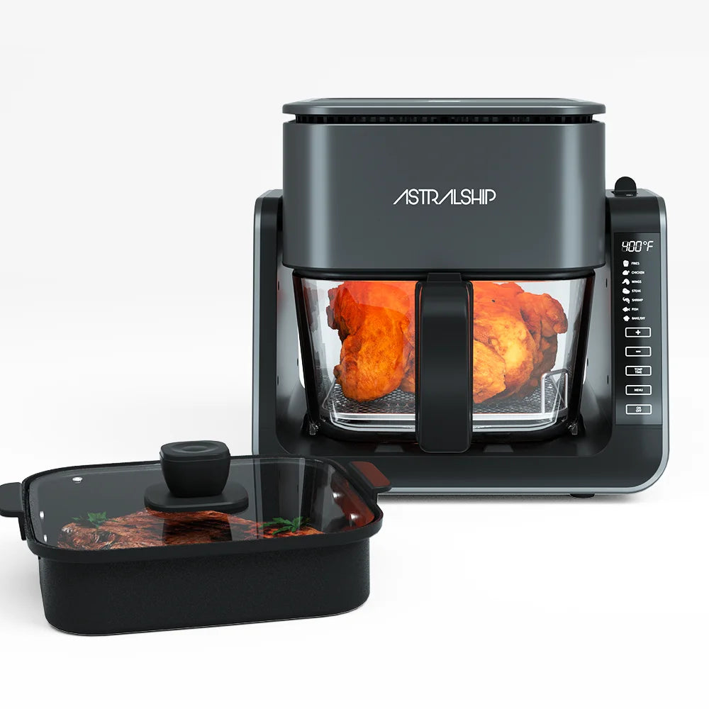 2-in-1 Glass Air Fryer & Grill Combo, 4.2 QT + 1.3 QT Capacity, 7 Digital Presets, Small, Non-Toxic See-Through Glass Bowl