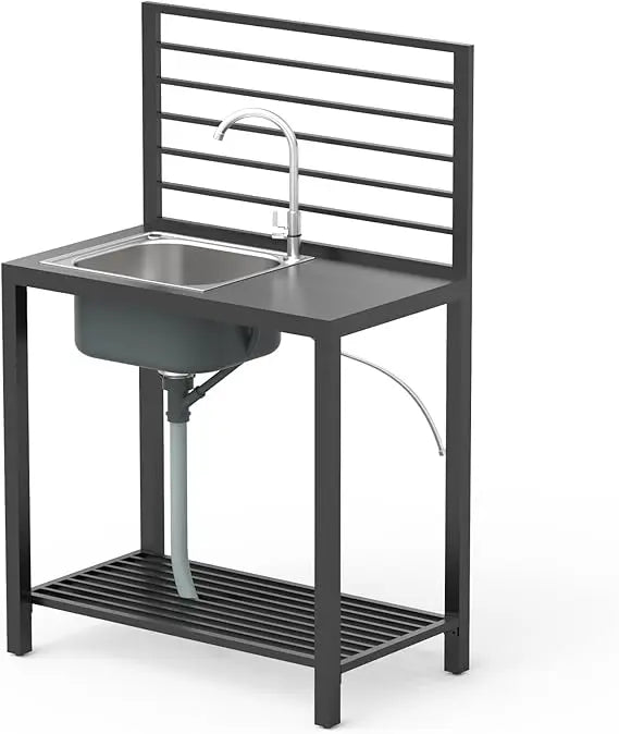 Aluminum Outdoor Kitchen Island with Stainless Steel Sink, Faucet, and Drainboard Storage